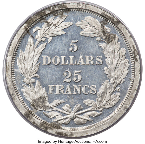image for: 1868 $5 Dual Denomination $5-25 Francs, Judd-659, Pollock-732, Low R.7, PR62 PCGS....
