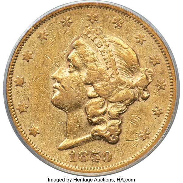 image for: 1859 $20 XF45 PCGS....