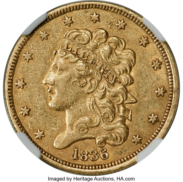 image for: 1836 $5 Block 8, HM-7, R.3, AU58 NGC....