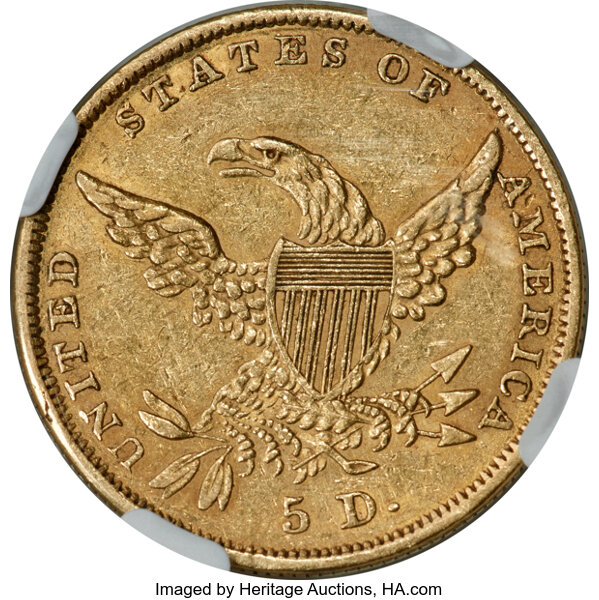 image for: 1836 $5 Block 8, HM-7, R.3, AU58 NGC....