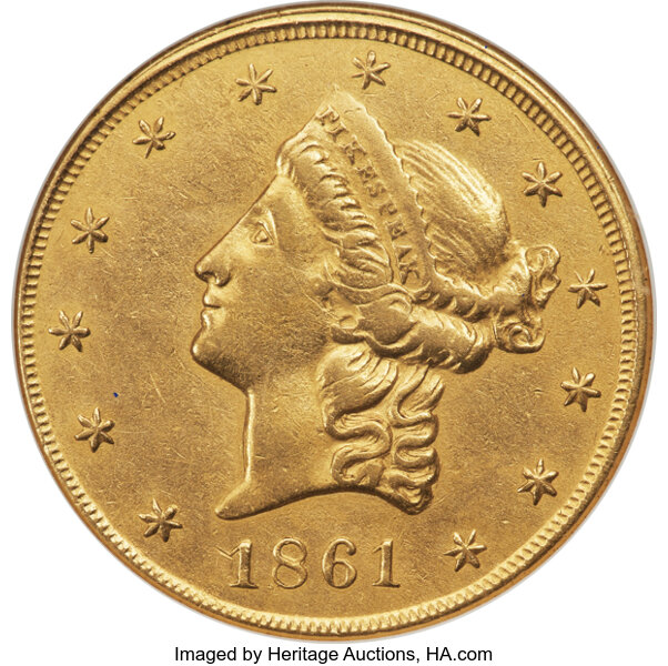 image for: 1861 $20 Clark, Gruber Twenty Dollar Copper Die Trial, Gilt, XF40 ANACS....