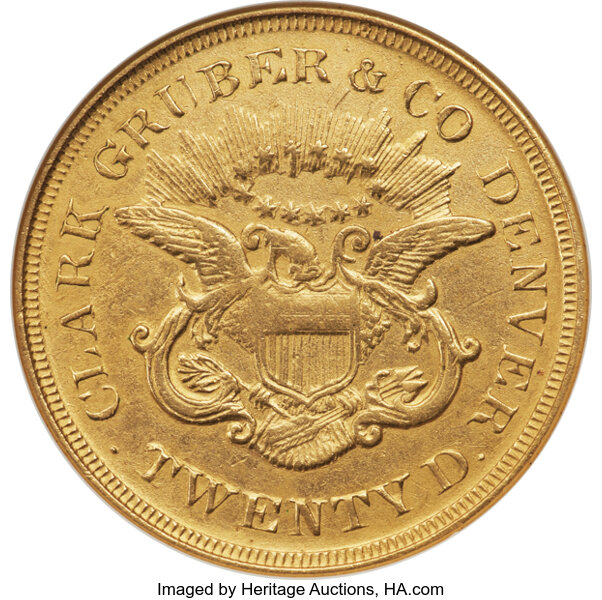 image for: 1861 $20 Clark, Gruber Twenty Dollar Copper Die Trial, Gilt, XF40 ANACS....