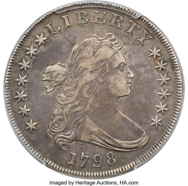 image for: 1798 $1 Large Eagle, Pointed 9, Wide Date, 4 Lines, B-19, BB-106, R.5, VF35 PCGS....