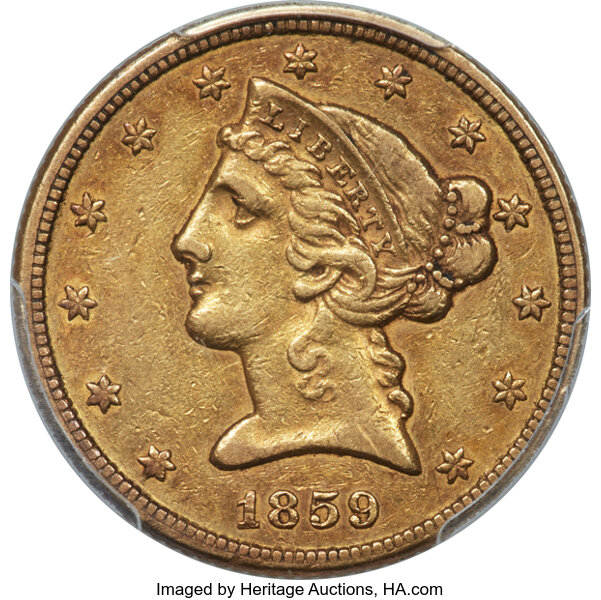 image for: 1859 $5 AU50 PCGS....