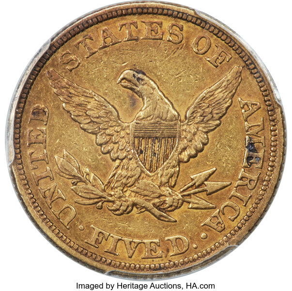 image for: 1859 $5 AU50 PCGS....