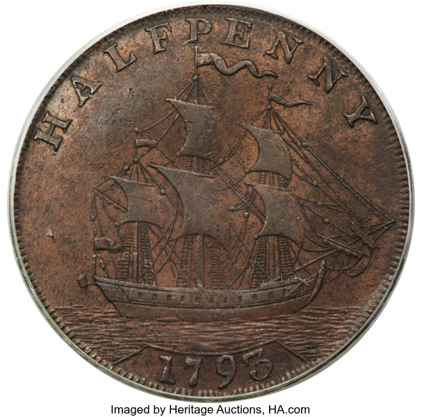 image for: 1793 1/2 P Washington Ship Halfpenny, Copper, Lettered Edge MS61 Brown PCGS. Baker-18, W-10855, R.4....