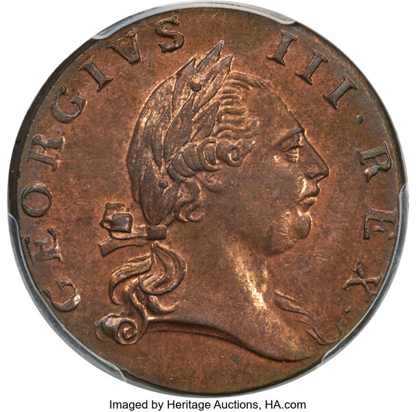 image for: 1773 1/2 P Virginia Halfpenny, No Period, N. 13-V, W-1640, R.7, MS64 Red and Brown PCGS. ...