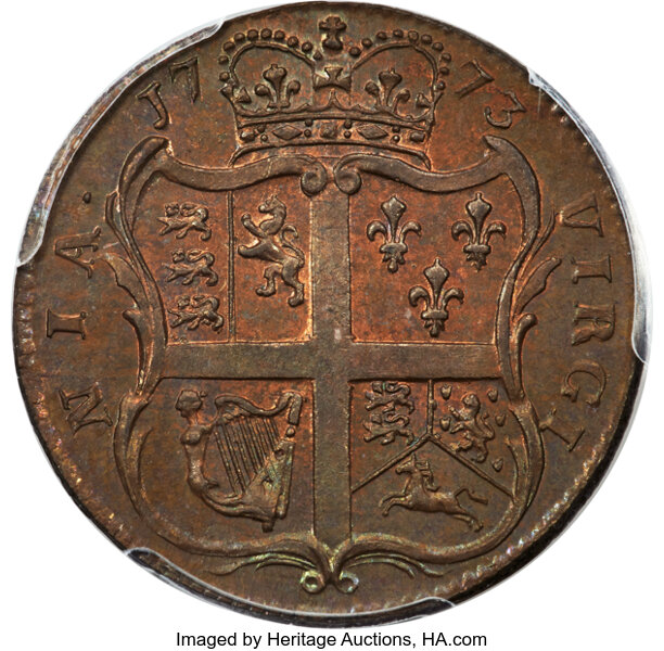 image for: 1773 1/2 P Virginia Halfpenny, No Period, N. 13-V, W-1640, R.7, MS64 Red and Brown PCGS. ...