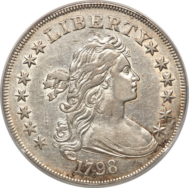 image for: 1798 $1 Large Eagle, Pointed 9, 4 Berries, 4 Lines, B-8, BB-125, R.2, XF45 PCGS....