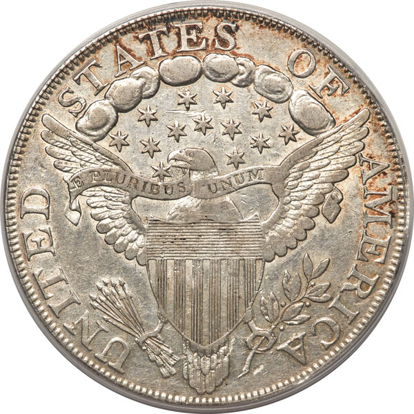 image for: 1798 $1 Large Eagle, Pointed 9, 4 Berries, 4 Lines, B-8, BB-125, R.2, XF45 PCGS....