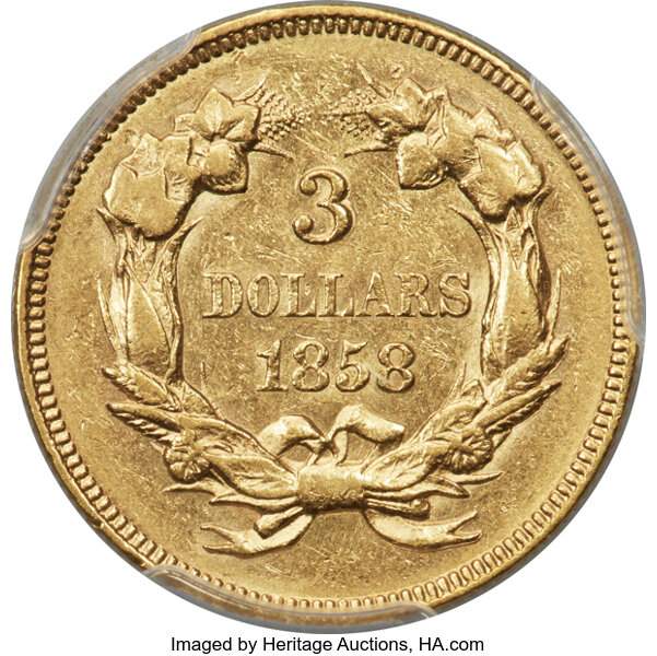image for: 1858 $3 AU55 PCGS....