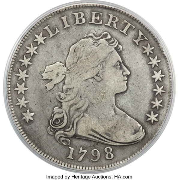 image for: 1798 $1 Large Eagle, Pointed 9, 10 Arrows, 4 Lines, B-21, BB-107, R.5, VF25 PCGS. CAC....