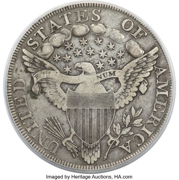 image for: 1798 $1 Large Eagle, Pointed 9, 10 Arrows, 4 Lines, B-21, BB-107, R.5, VF25 PCGS. CAC....