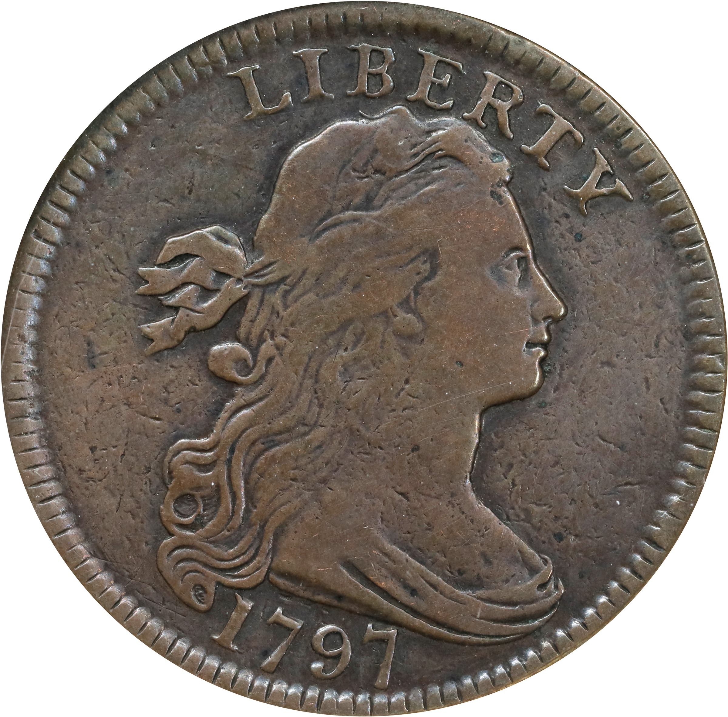 image for: 1797 Draped Bust Cent. S-138, B-20. Rarity-1. Reverse of 1797, Stems to Wreath. VF Details--Corroded (ANACS). OH.