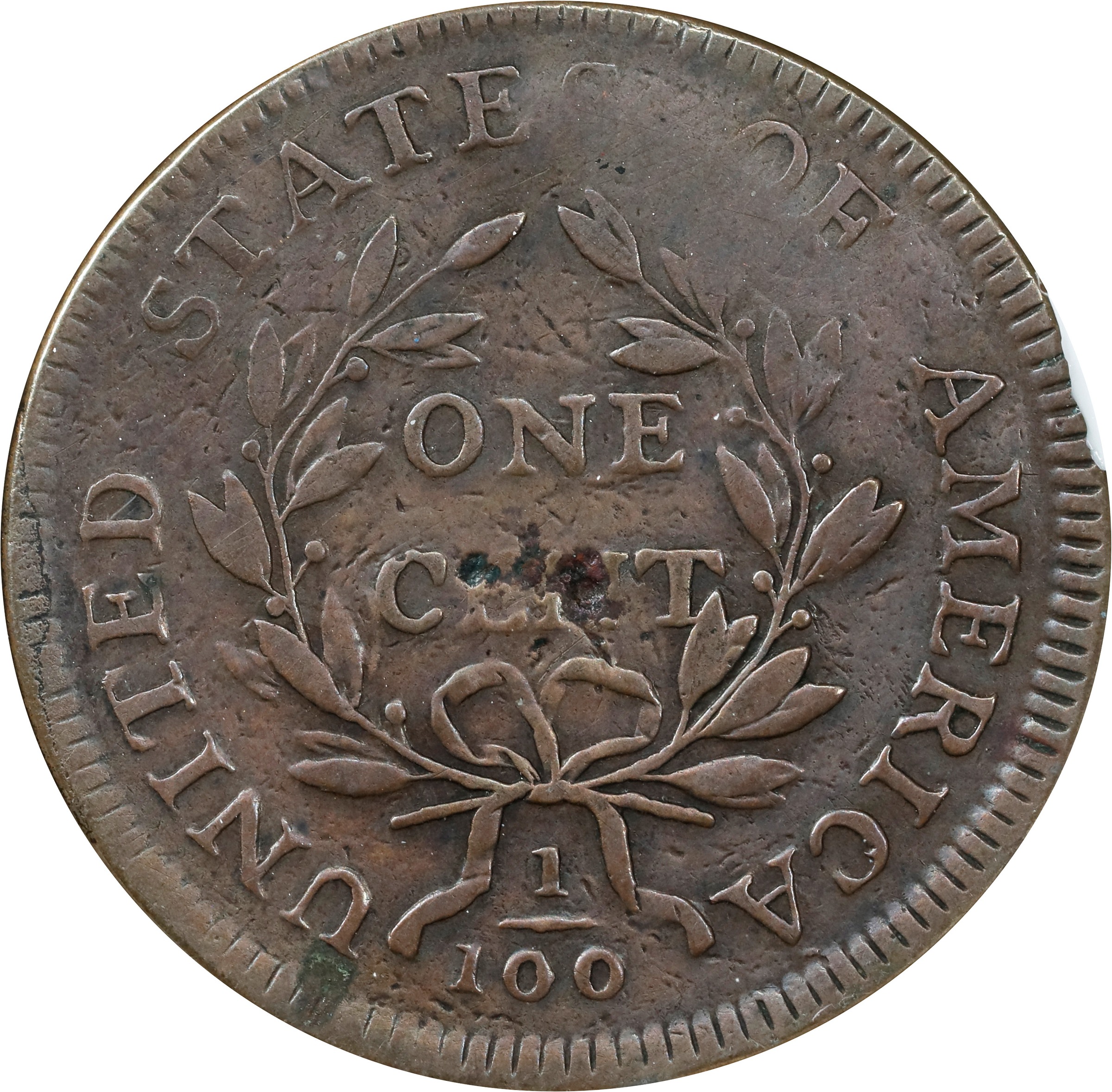 image for: 1797 Draped Bust Cent. S-138, B-20. Rarity-1. Reverse of 1797, Stems to Wreath. VF Details--Corroded (ANACS). OH.