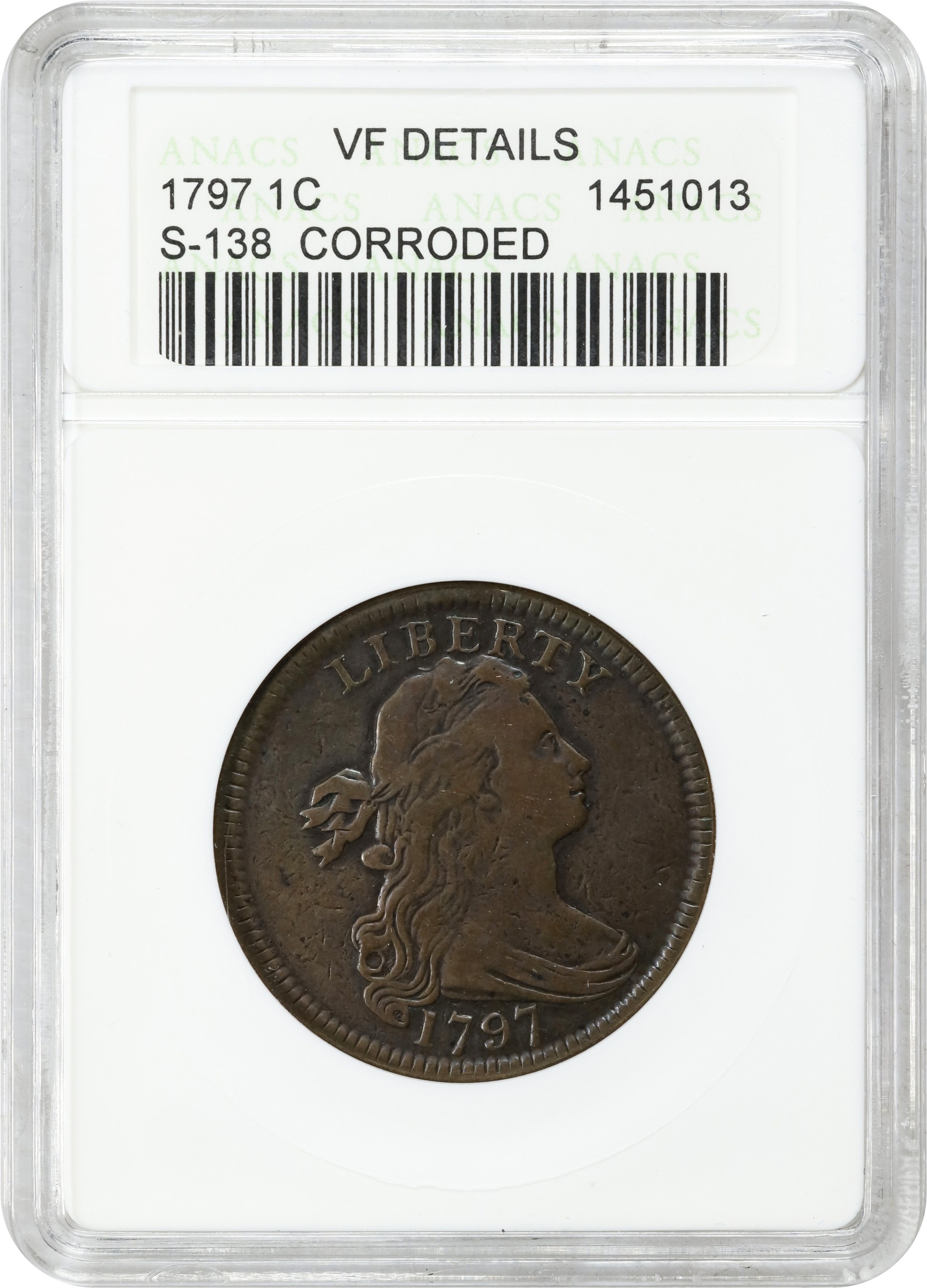 image for: 1797 Draped Bust Cent. S-138, B-20. Rarity-1. Reverse of 1797, Stems to Wreath. VF Details--Corroded (ANACS). OH.