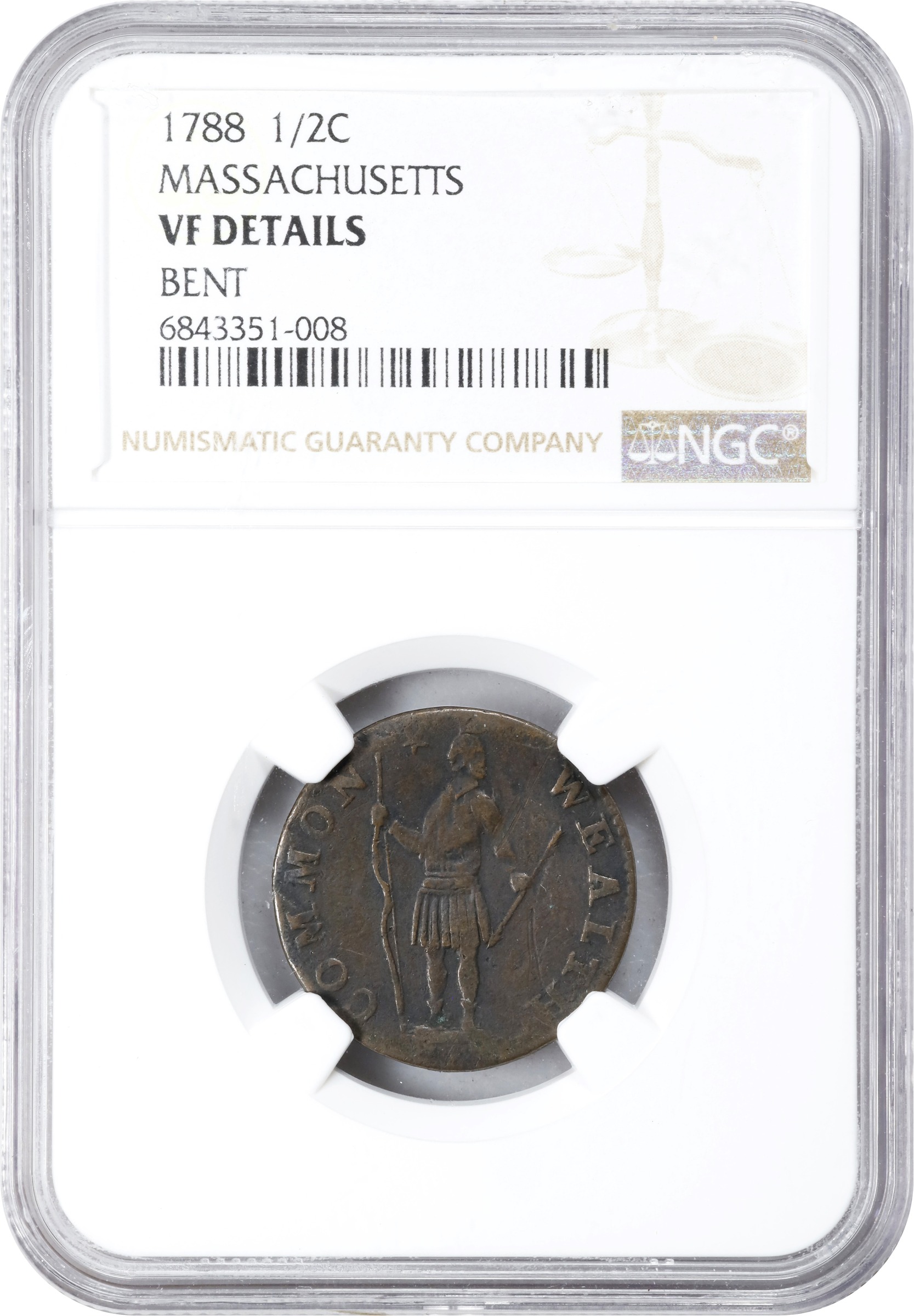 image for: 1788 Massachusetts Half Cent. Ryder 1-B, W-6010. Rarity-2. VF Details--Bent (NGC).