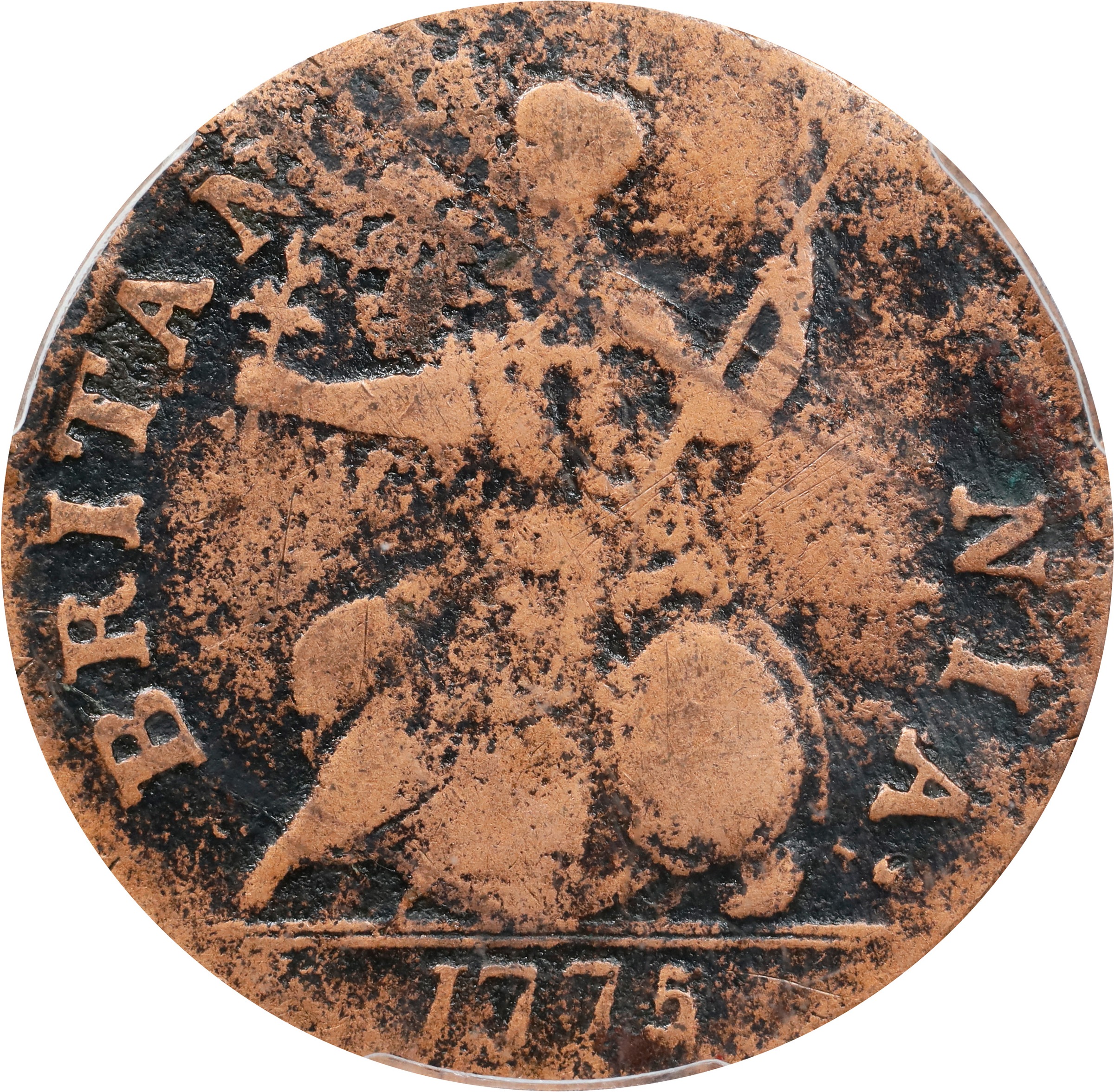 image for: 1775 Machin's Mills Halfpenny. Vlack 4-75A, W-7780. Rarity-4. GEORGIVS III, Group I. Fine Details--Environmental Damage (PCGS).