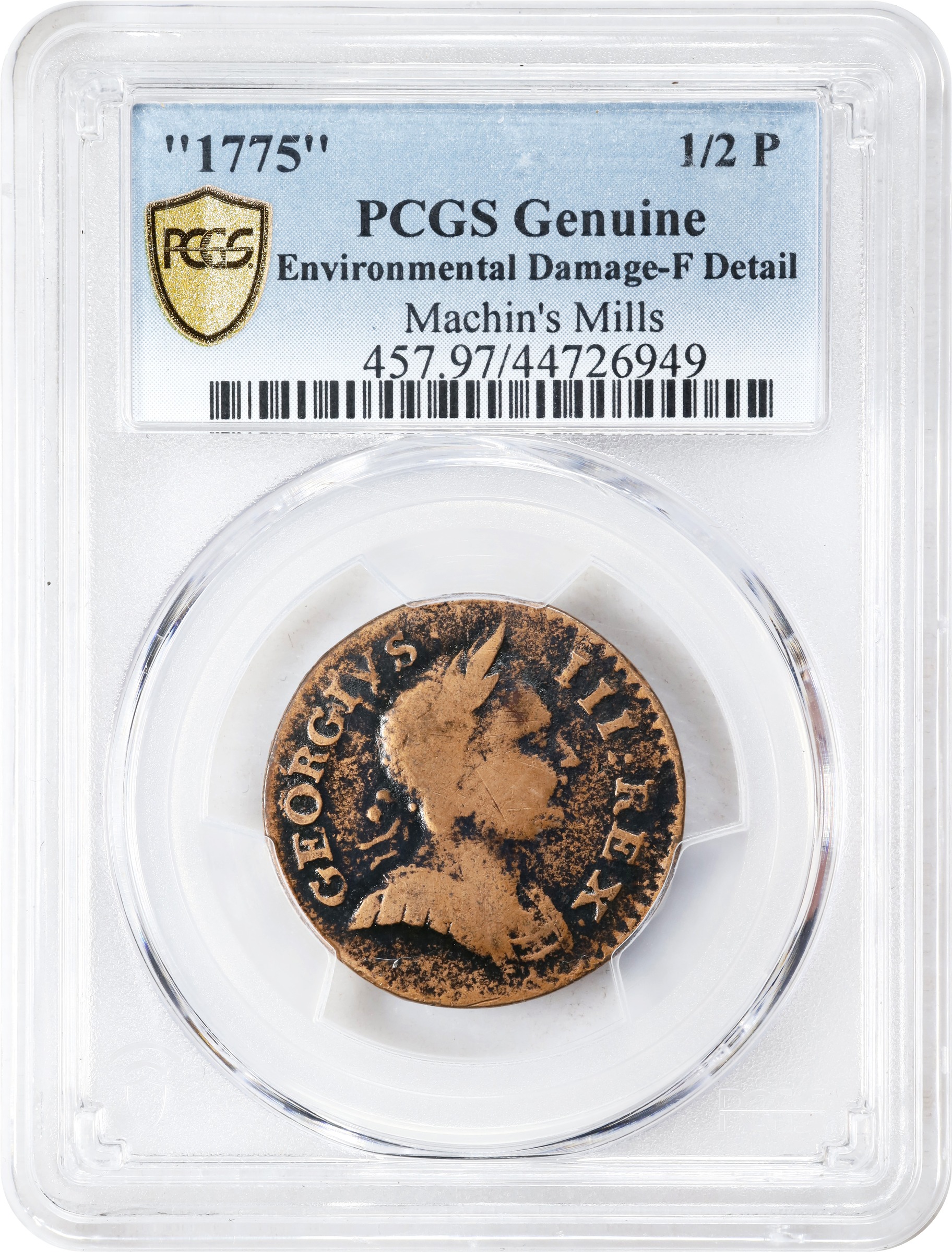 image for: 1775 Machin's Mills Halfpenny. Vlack 4-75A, W-7780. Rarity-4. GEORGIVS III, Group I. Fine Details--Environmental Damage (PCGS).