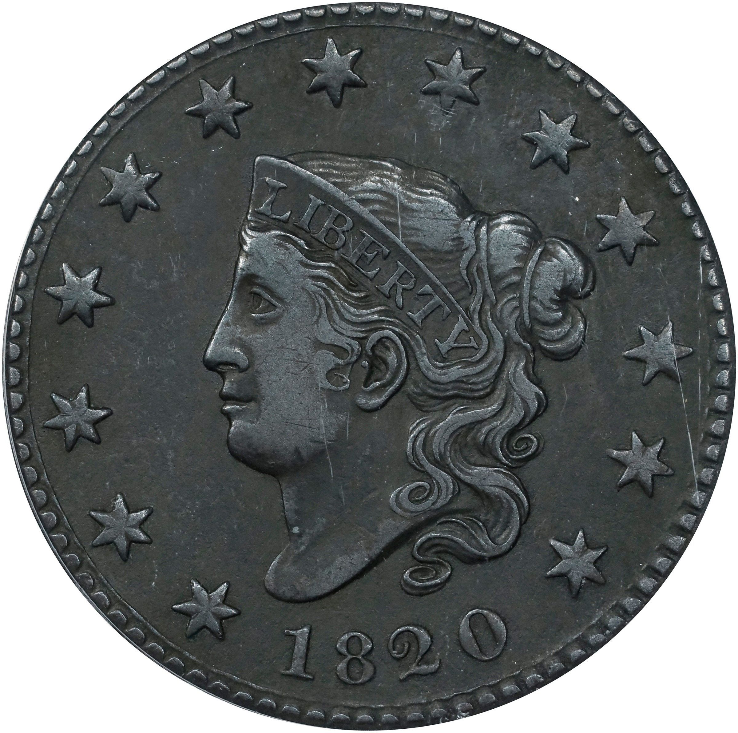 image for: 1820 Matron Head Cent. N-7. Rarity-2. Small Date. EF-40 Details--Corroded (ANACS).