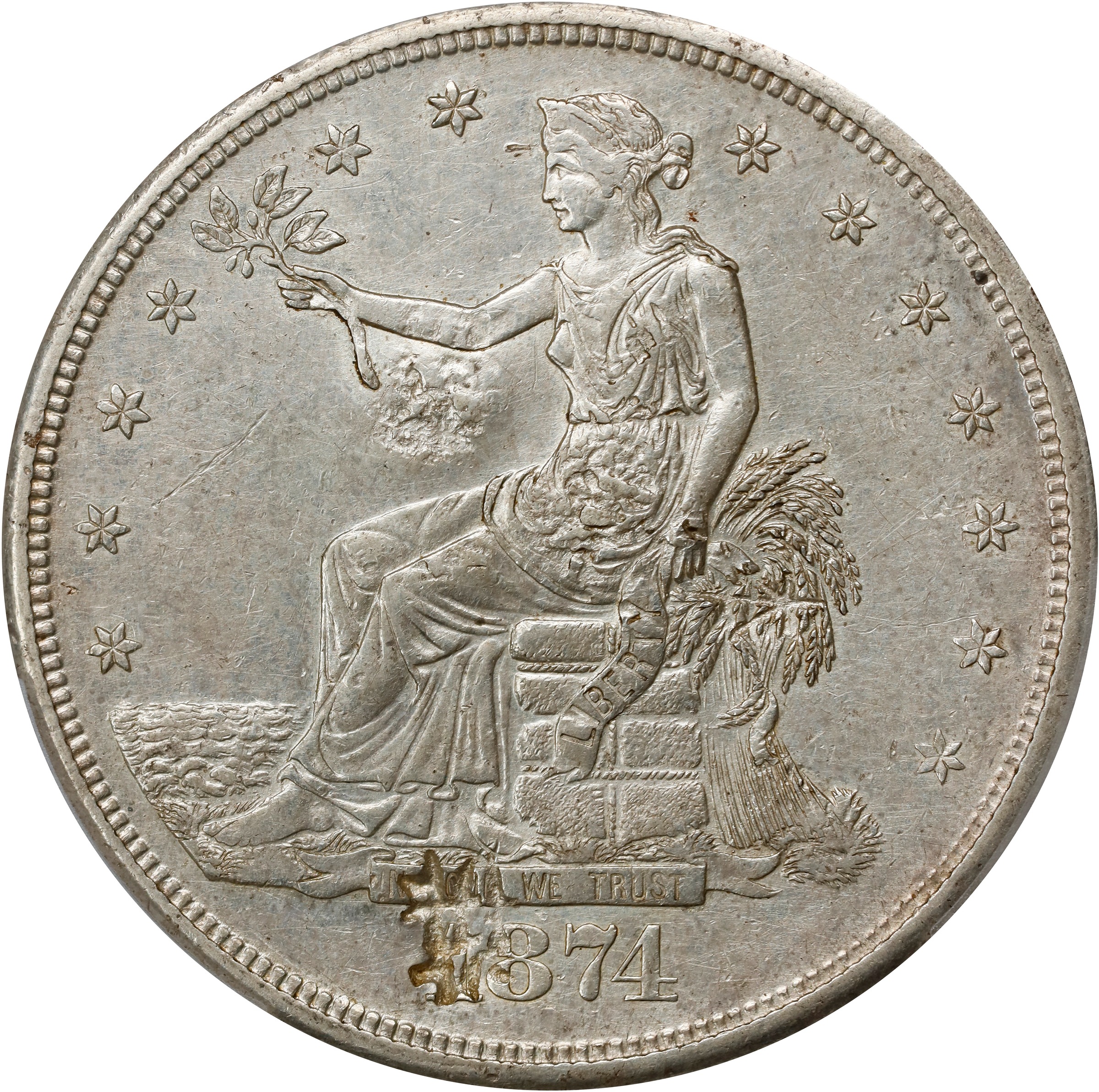 image for: 1874-S Trade Dollar. Chop Mark. AU Details--Harshly Cleaned (PCGS).