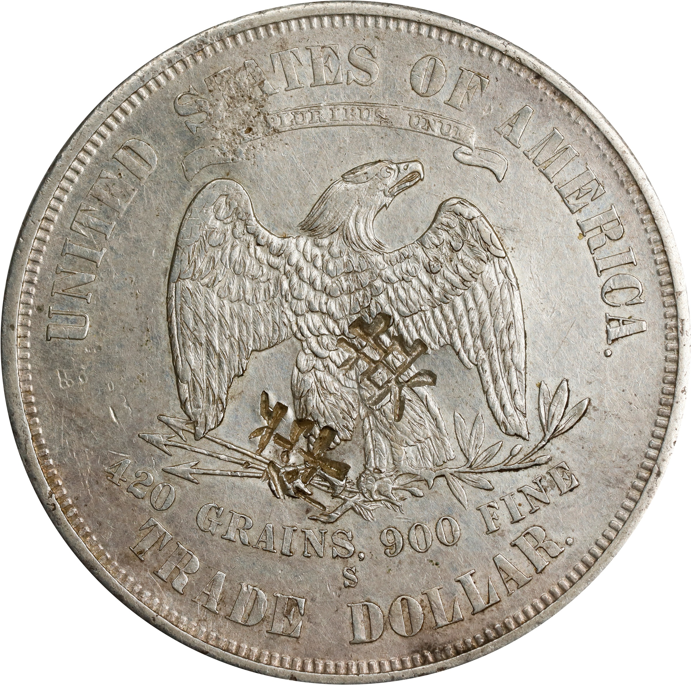 image for: 1874-S Trade Dollar. Chop Mark. AU Details--Harshly Cleaned (PCGS).