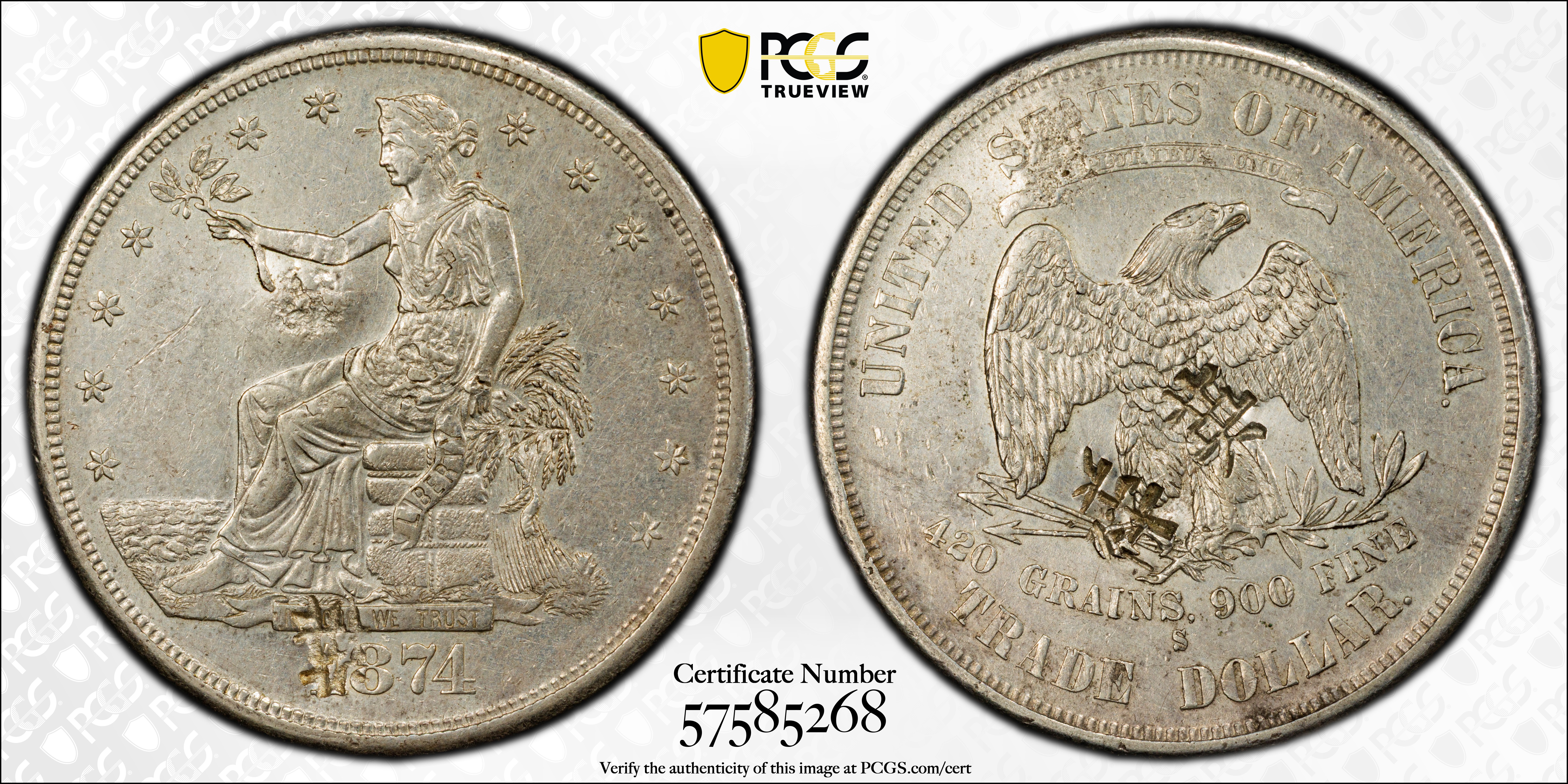 image for: 1874-S Trade Dollar. Chop Mark. AU Details--Harshly Cleaned (PCGS).