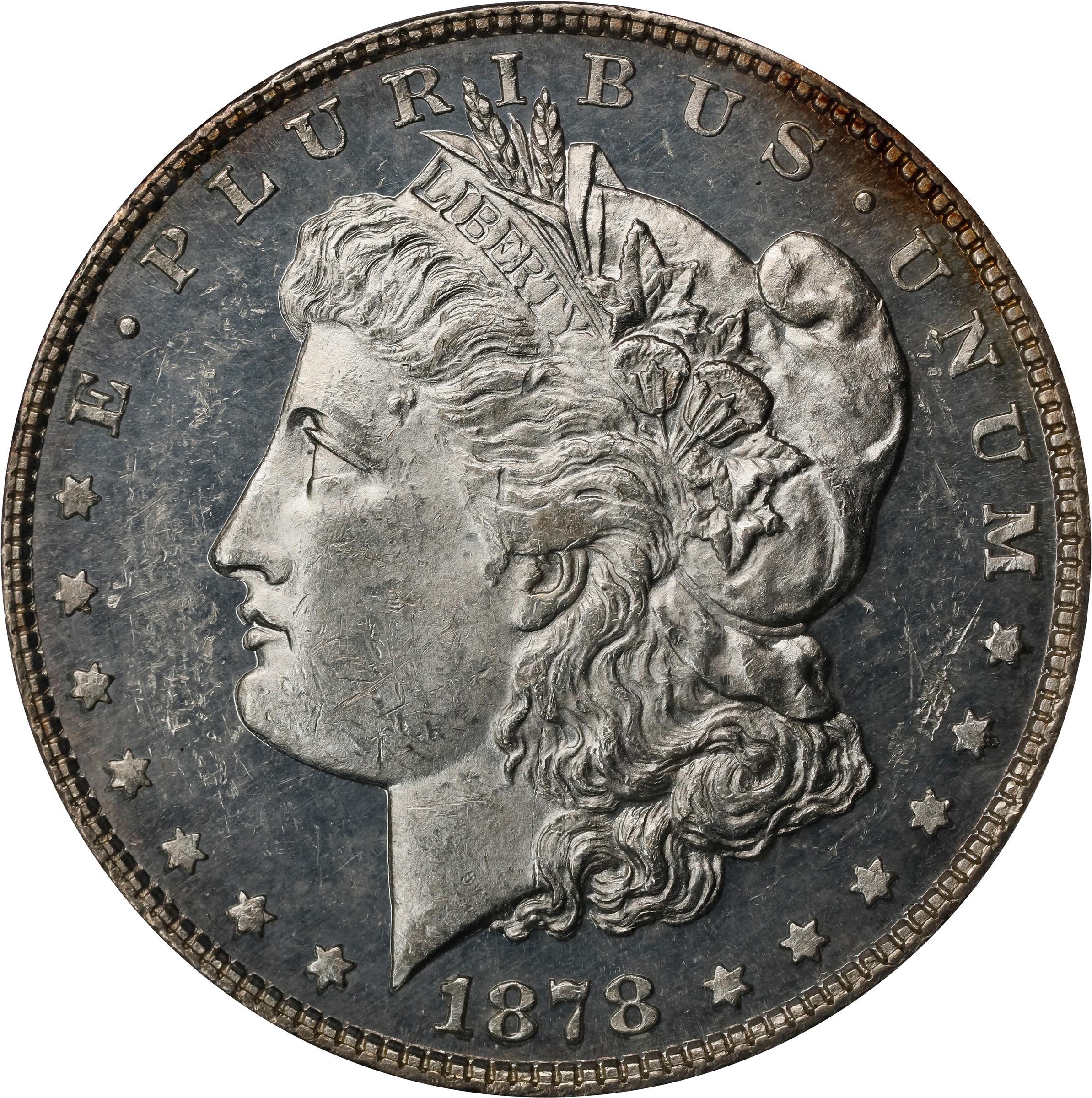 image for: 1878 Morgan Silver Dollar. 8 Tailfeathers. VAM-23. Top 100 Variety. Doubled Profile, Crazy Lips. MS-63 DMPL (PCGS).