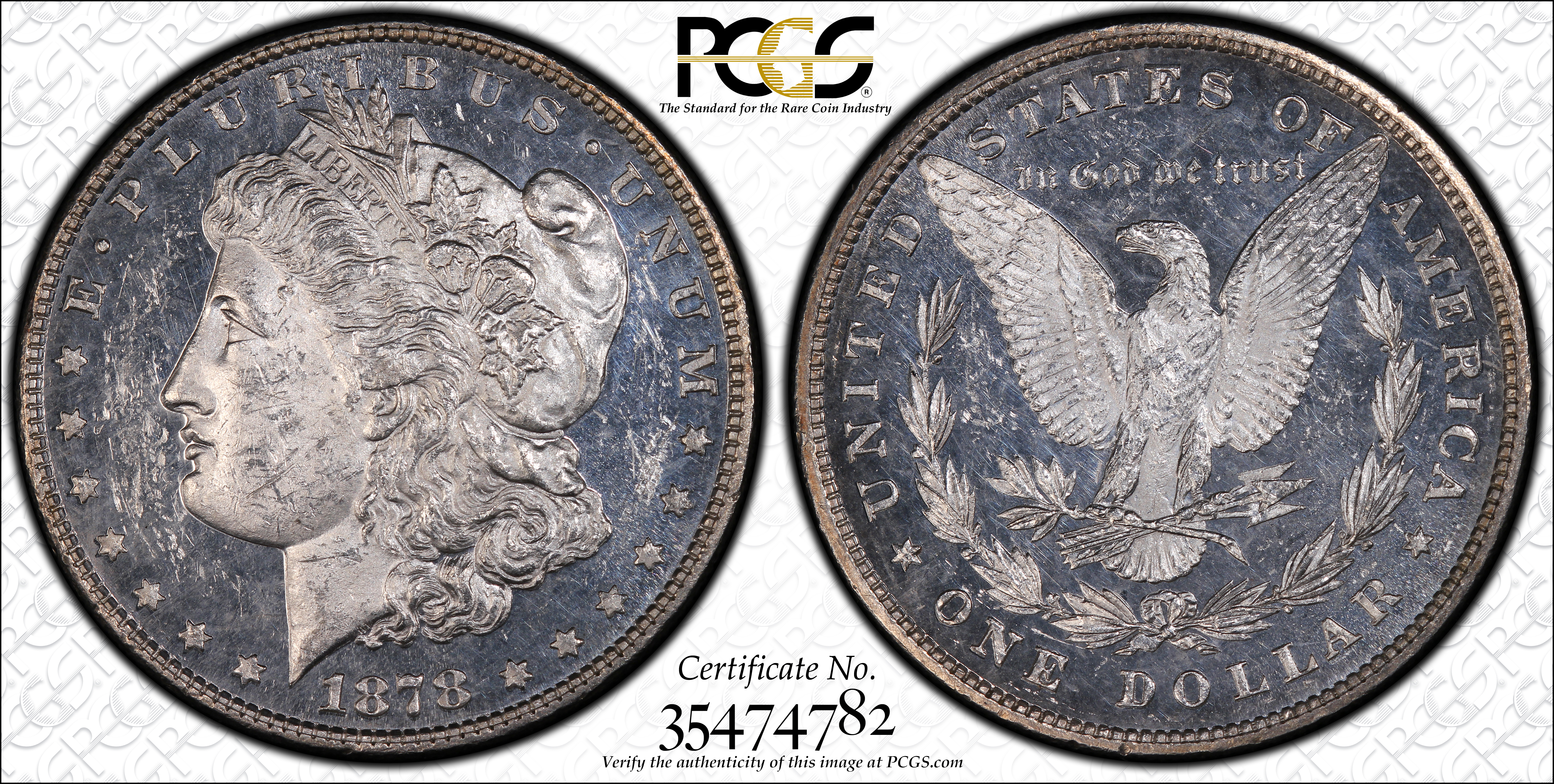 image for: 1878 Morgan Silver Dollar. 8 Tailfeathers. VAM-23. Top 100 Variety. Doubled Profile, Crazy Lips. MS-63 DMPL (PCGS).