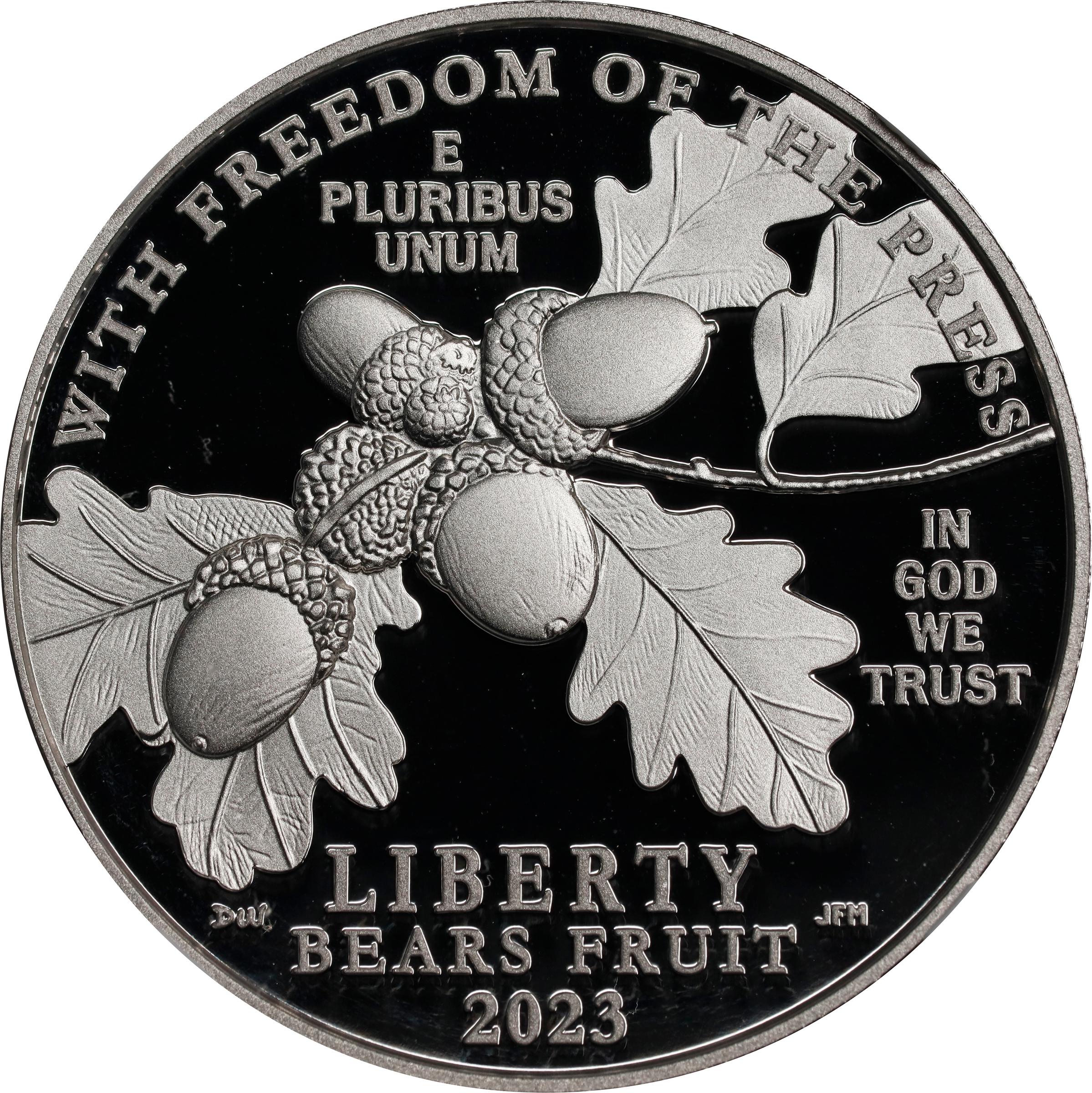 image for: 2023-W One-Ounce Platinum Eagle. Freedom of the Press. First Day of Issue. Proof-70 Deep Cameo (NGC). U.S. Mint Designer Donna Weaver.