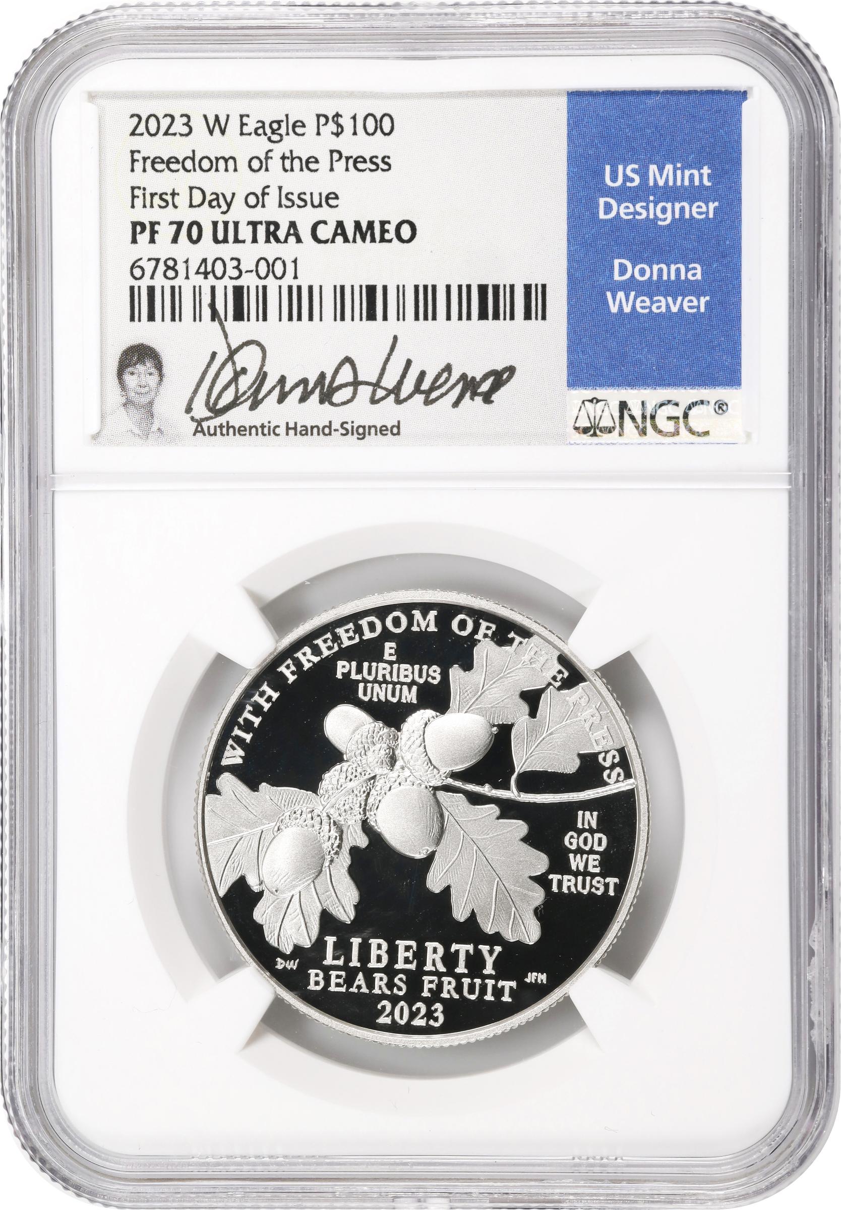 image for: 2023-W One-Ounce Platinum Eagle. Freedom of the Press. First Day of Issue. Proof-70 Deep Cameo (NGC). U.S. Mint Designer Donna Weaver.