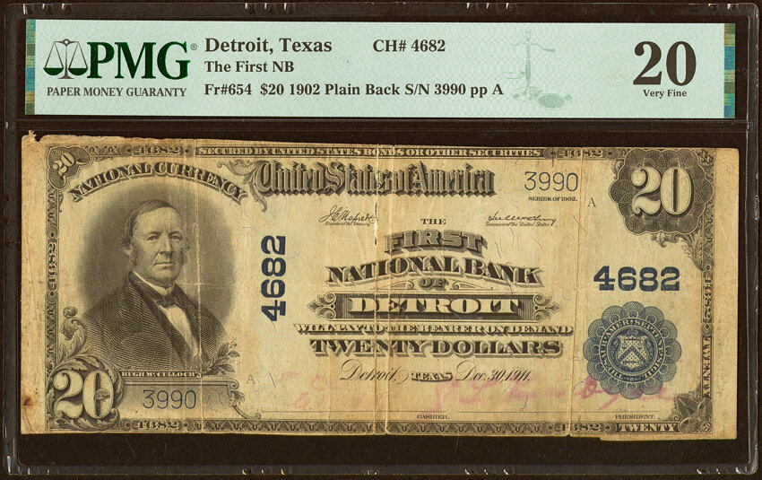image for: Detroit, TX - $20 1902 Plain Back Fr. 654 The First National Bank Ch. # 4682 PMG Very Fine 20....