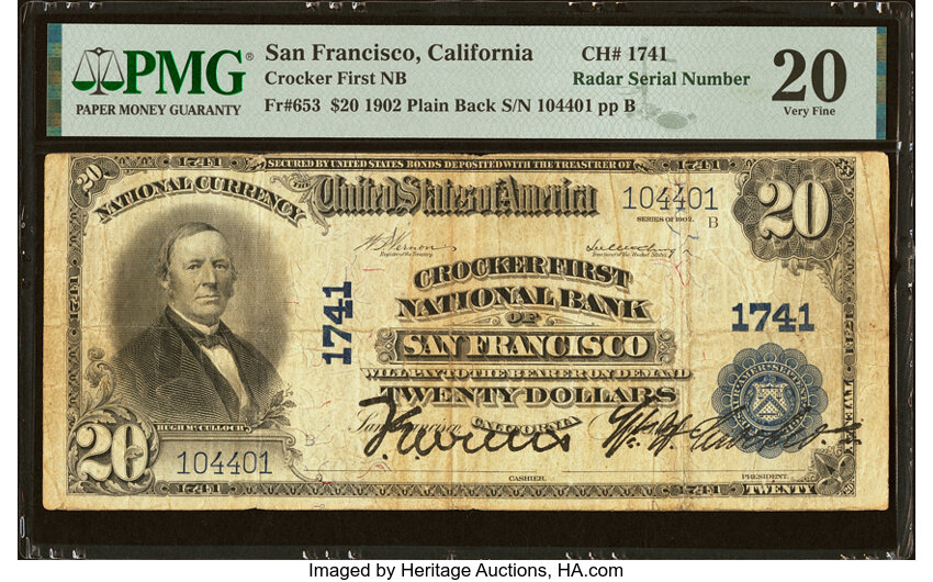 image for: San Francisco, CA - $20 1902 Plain Back Fr. 653 Crocker First National Bank Ch. # 1741 PMG Very Fine 20....