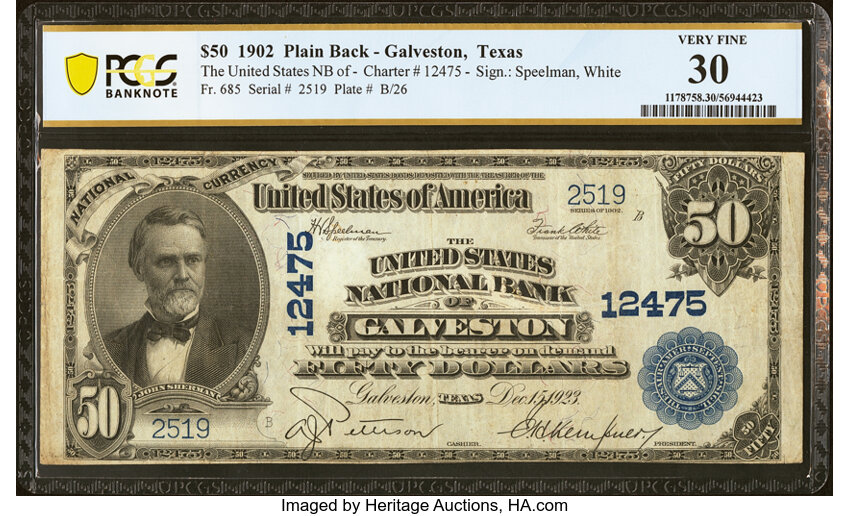 image for: Galveston, TX - $50 1902 Plain Back Fr. 685 The United States National Bank Ch. # 12475 PCGS Banknote Very Fine 30....