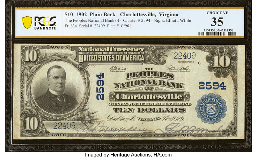 image for: Charlottesville, VA - $10 1902 Plain Back Fr. 634 The Peoples National Bank Ch. # 2594 PCGS Banknote Choice VF 35....