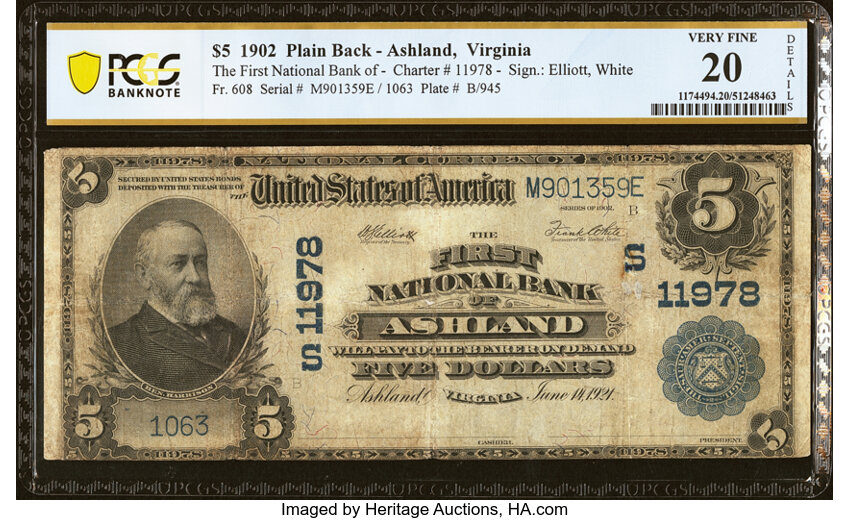 image for: Ashland, VA - $5 1902 Plain Back Fr. 608 The First National Bank Ch. # (S)11978 PCGS Banknote Very Fine 20 Details....