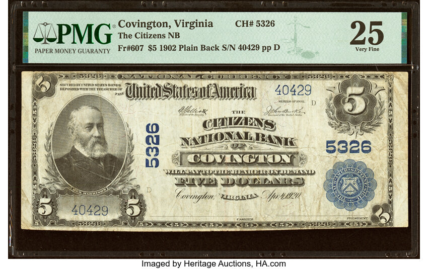 image for: Covington, VA - $5 1902 Plain Back Fr. 607 The Citizens National Bank Ch. # 5326 PMG Very Fine 25....