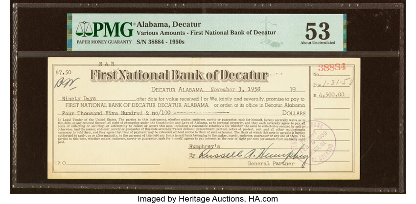 image for: Decatur, AL - $4,500 90 Day Loan Nov. 1958 The First National Bank Ch. # 3699 PMG About Uncirculated 53....