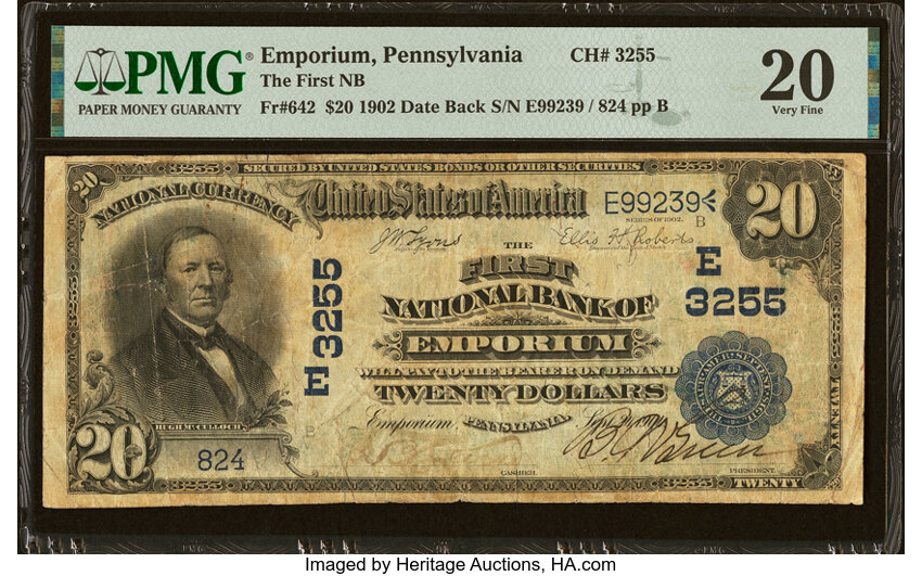 image for: Emporium, PA - $20 1902 Date Back Fr. 642 The First National Bank Ch. # (E)3255 PMG Very Fine 20....