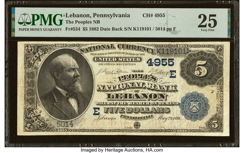 image for: Lebanon, PA - $5 1882 Date Back Fr. 534 The Peoples National Bank Ch. # (E)4955 PMG Very Fine 25....