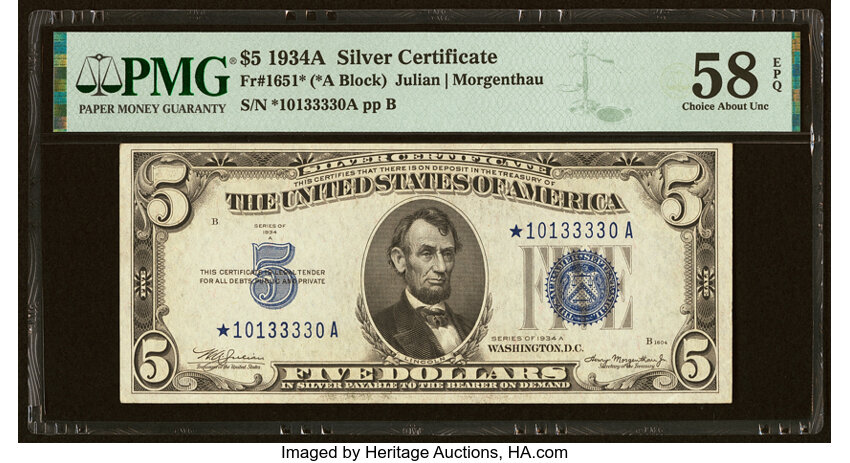 image for: Fr. 1651* $5 1934A Silver Certificate Star Note. PMG Choice About Unc 58 EPQ....