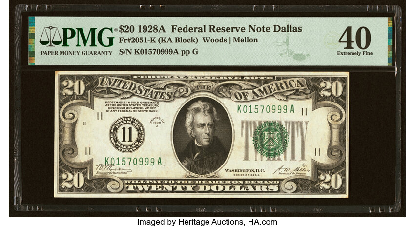 image for: Fr. 2051-K $20 1928A Federal Reserve Note. PMG Extremely Fine 40....