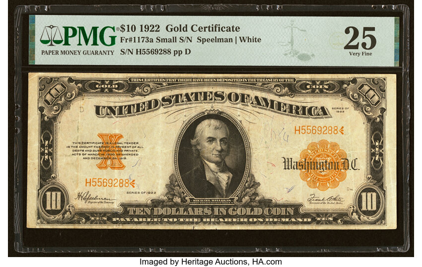 image for: Fr. 1173a $10 1922 Gold Certificate PMG Very Fine 25....