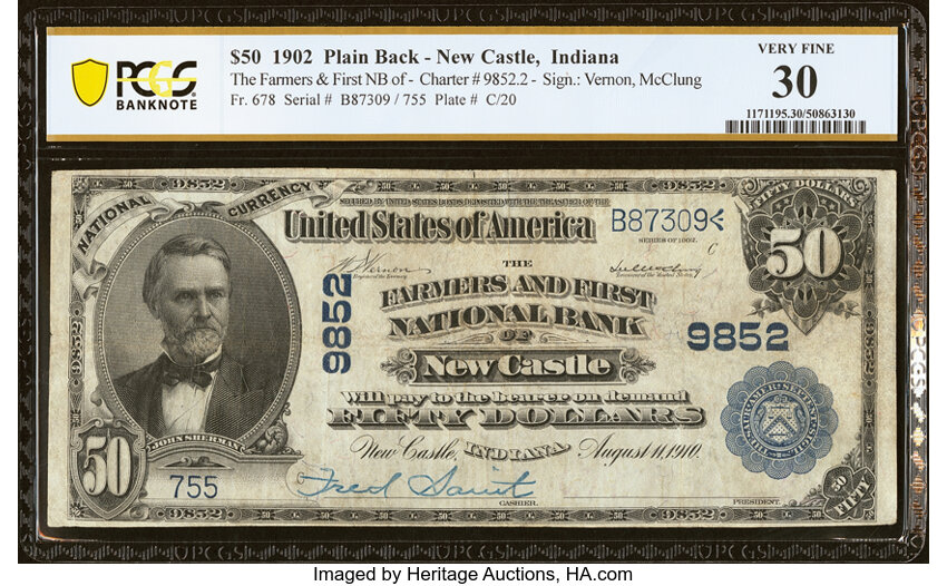 image for: New Castle, IN - $50 1902 Plain Back Fr. 678 The Farmers & First National Bank Ch. # 9852 PCGS Banknote Very Fine 30....
