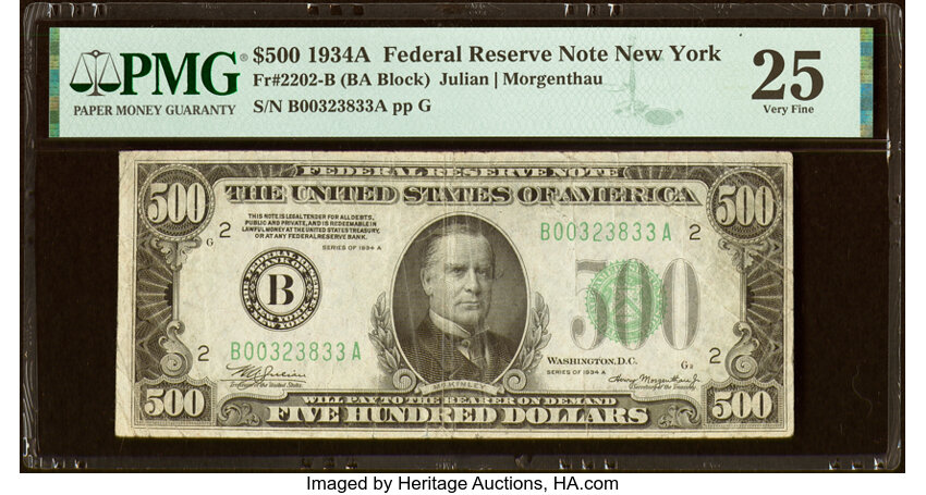 image for: Fr. 2202-B $500 1934A Federal Reserve Note. PMG Very Fine 25....