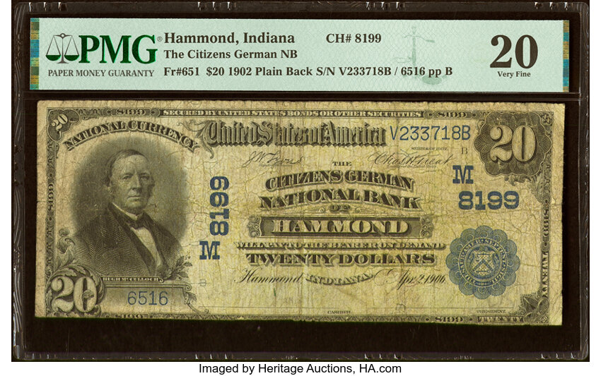image for: Hammond, IN - $20 1902 Plain Back Fr. 651 The Citizens German National Bank Ch. # (M)8199 PMG Very Fine 20....
