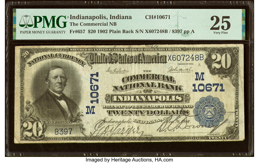 image for: Indianapolis, IN - $20 1902 Plain Back Fr. 657 The Commercial National Bank Ch. # (M)10671 PMG Very Fine 25....
