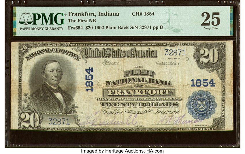 image for: Frankfort, IN - $20 1902 Plain Back Fr. 654 The First National Bank Ch. # 1854 PMG Very Fine 25....