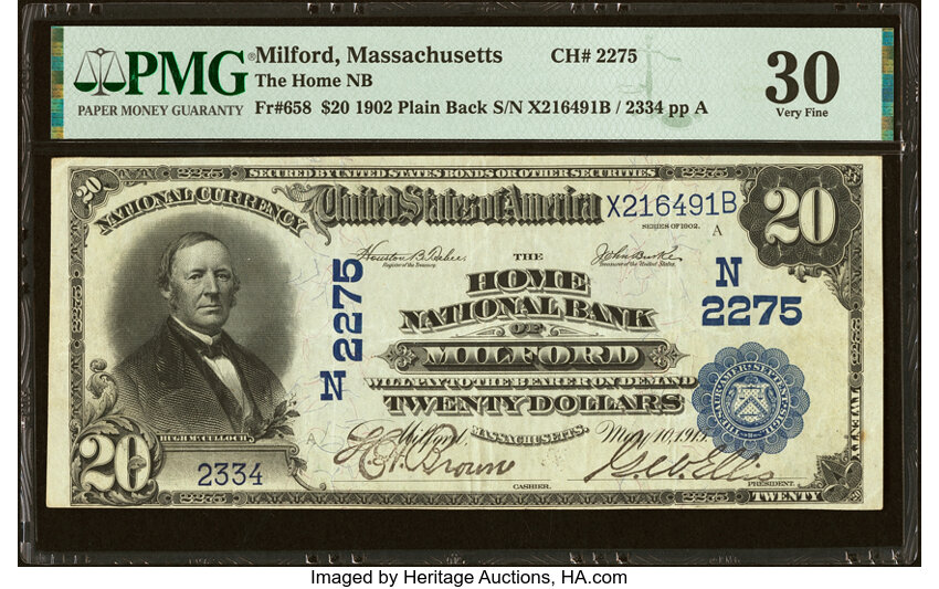 image for: Milford, MA - $20 1902 Plain Back Fr. 658 The Home National Bank Ch. # (N)2275 PMG Very Fine 30....
