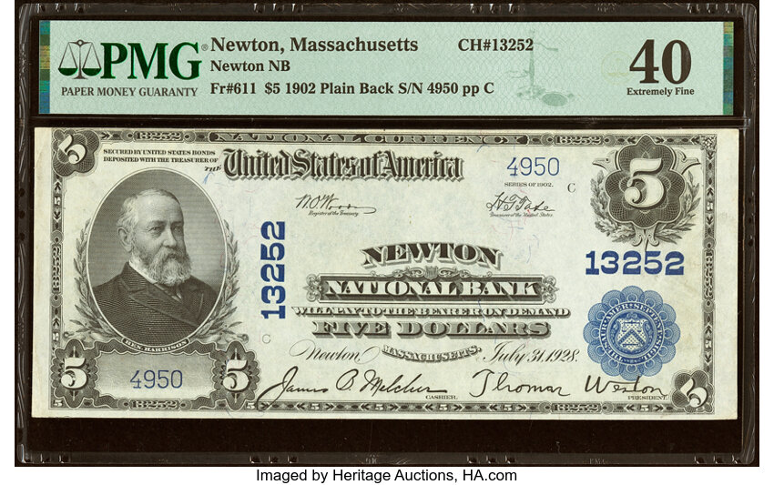 image for: Newton, MA - $5 1902 Plain Back Fr. 611 Newton National Bank Ch. # 13252 PMG Extremely Fine 40....